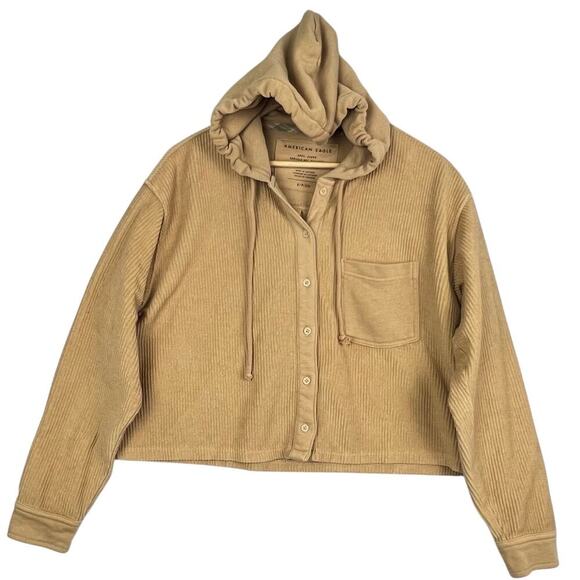 American Eagle Button Down Shirt Jacket Hoodie Brown Mustard Corduroy Cropped S - Picture 3 of 10